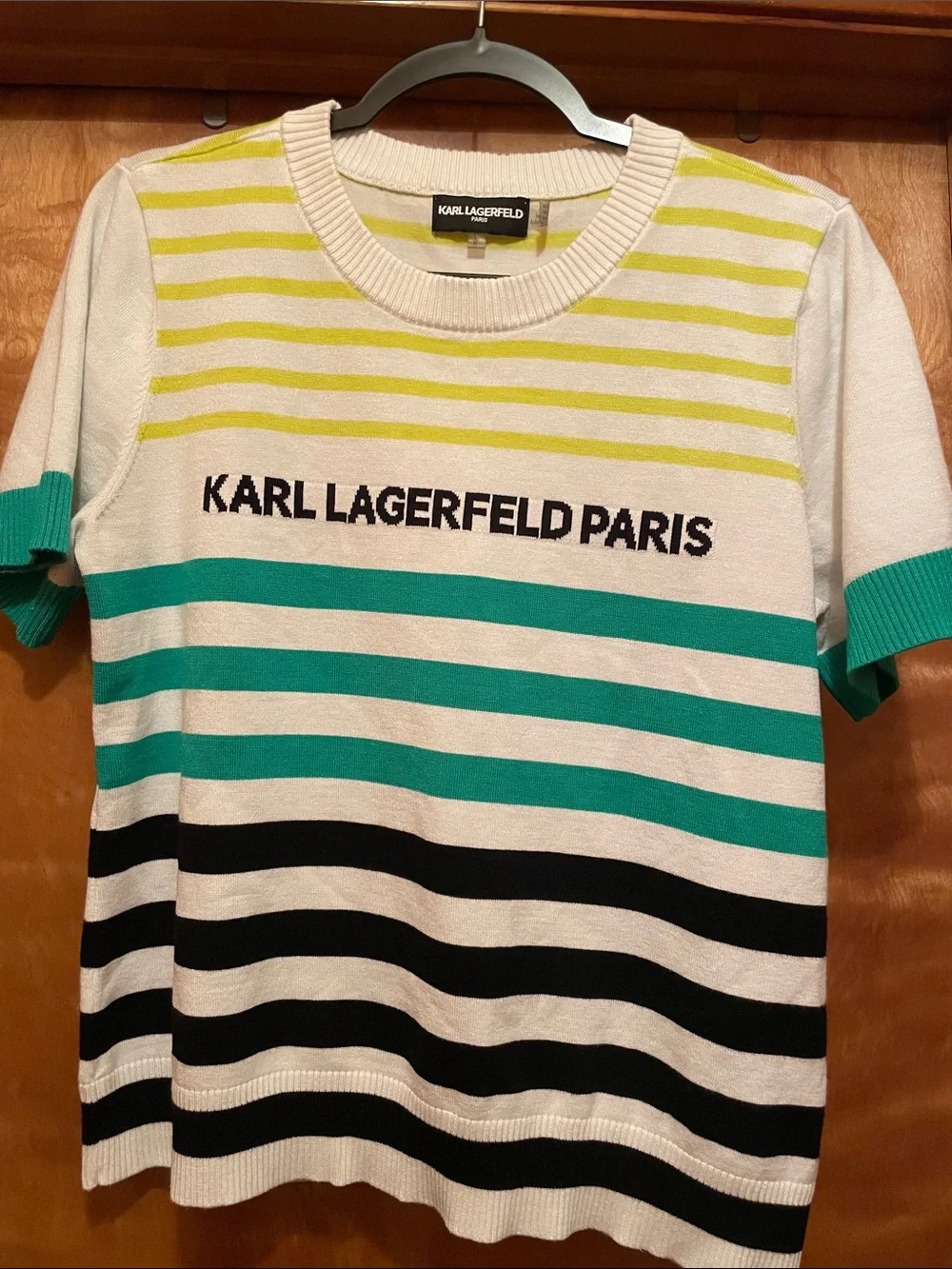 Karl Lagerfeld Kids Short-Sleeve Striped Tee in White, Teal & Black